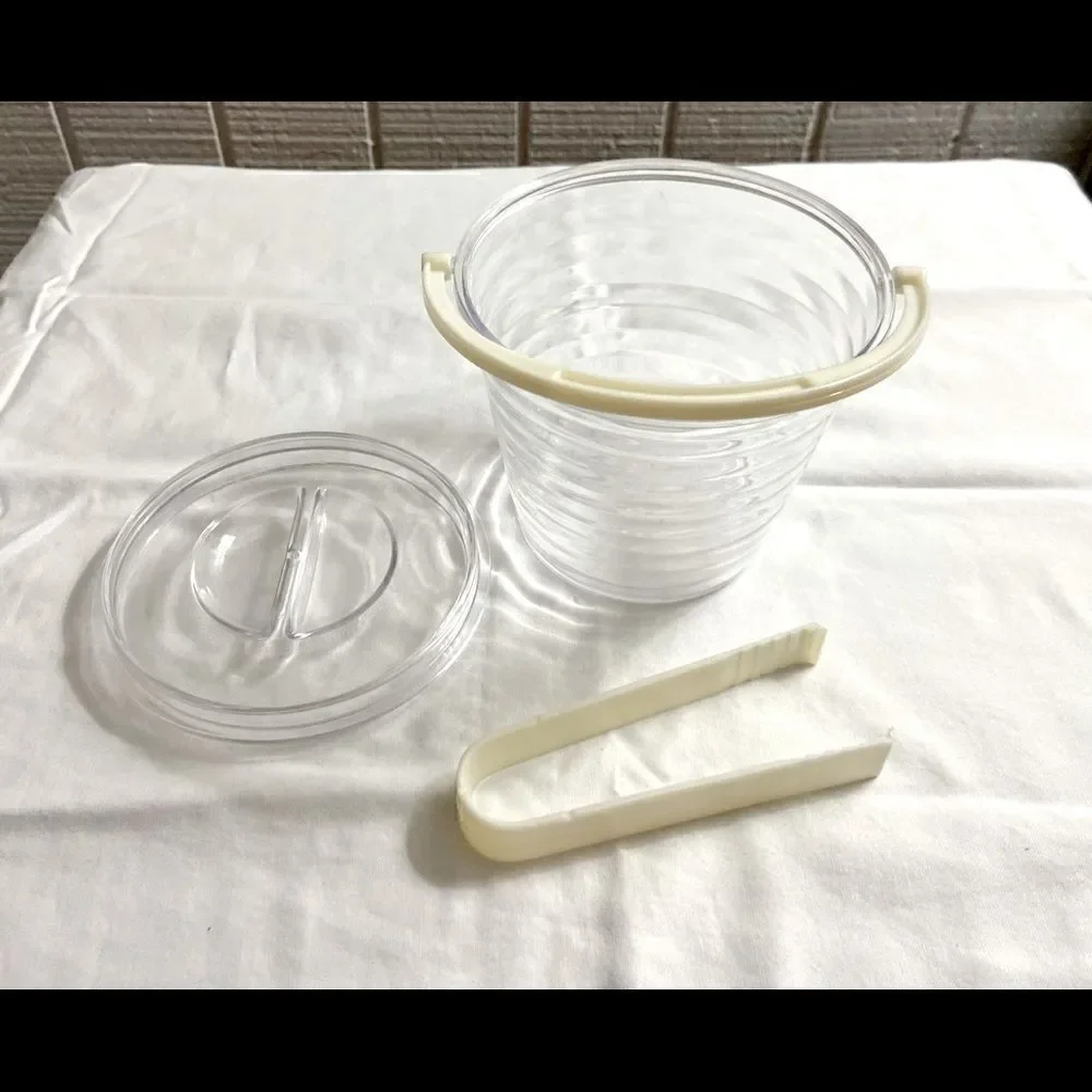 Vintage MCM Plastic Ribbed Ice Bucket w Cream Handle and Tongs EVC.